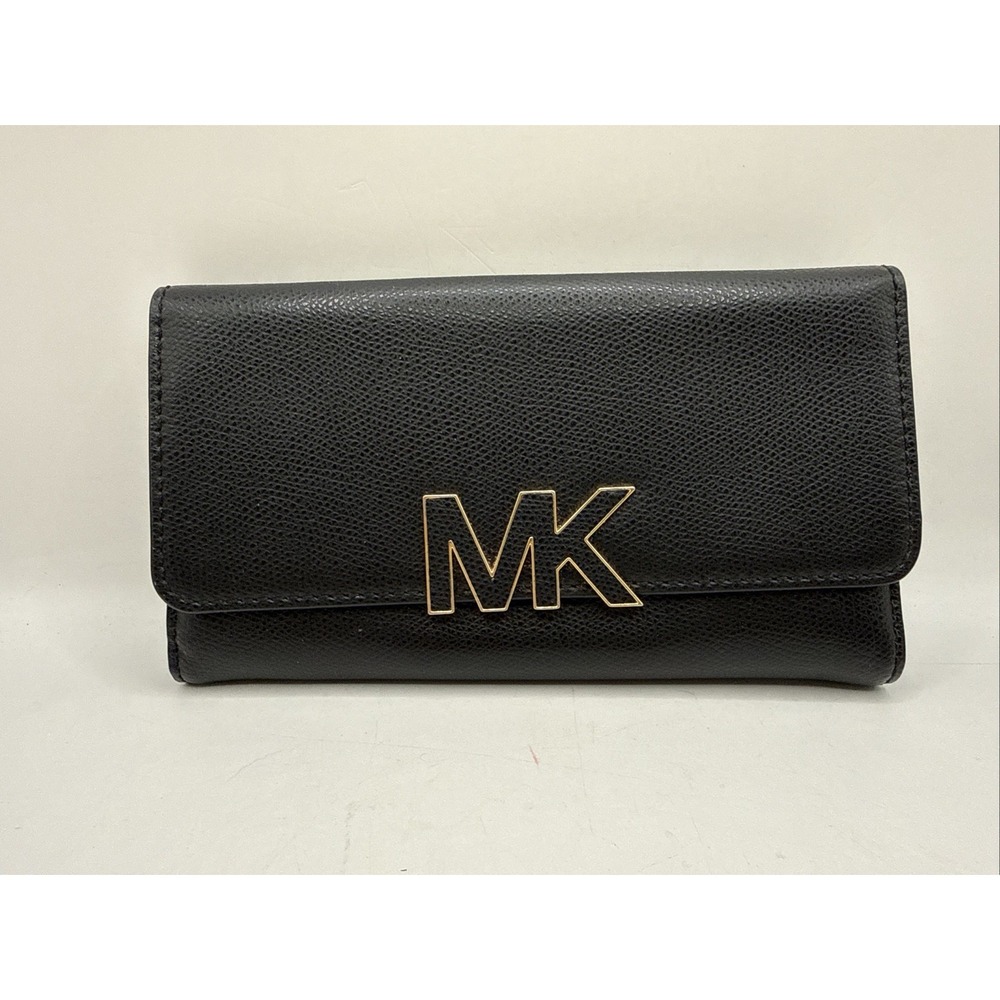 Michael Kors Florence Large Billfold Genuine Leather Black Clutch Wallet Purse